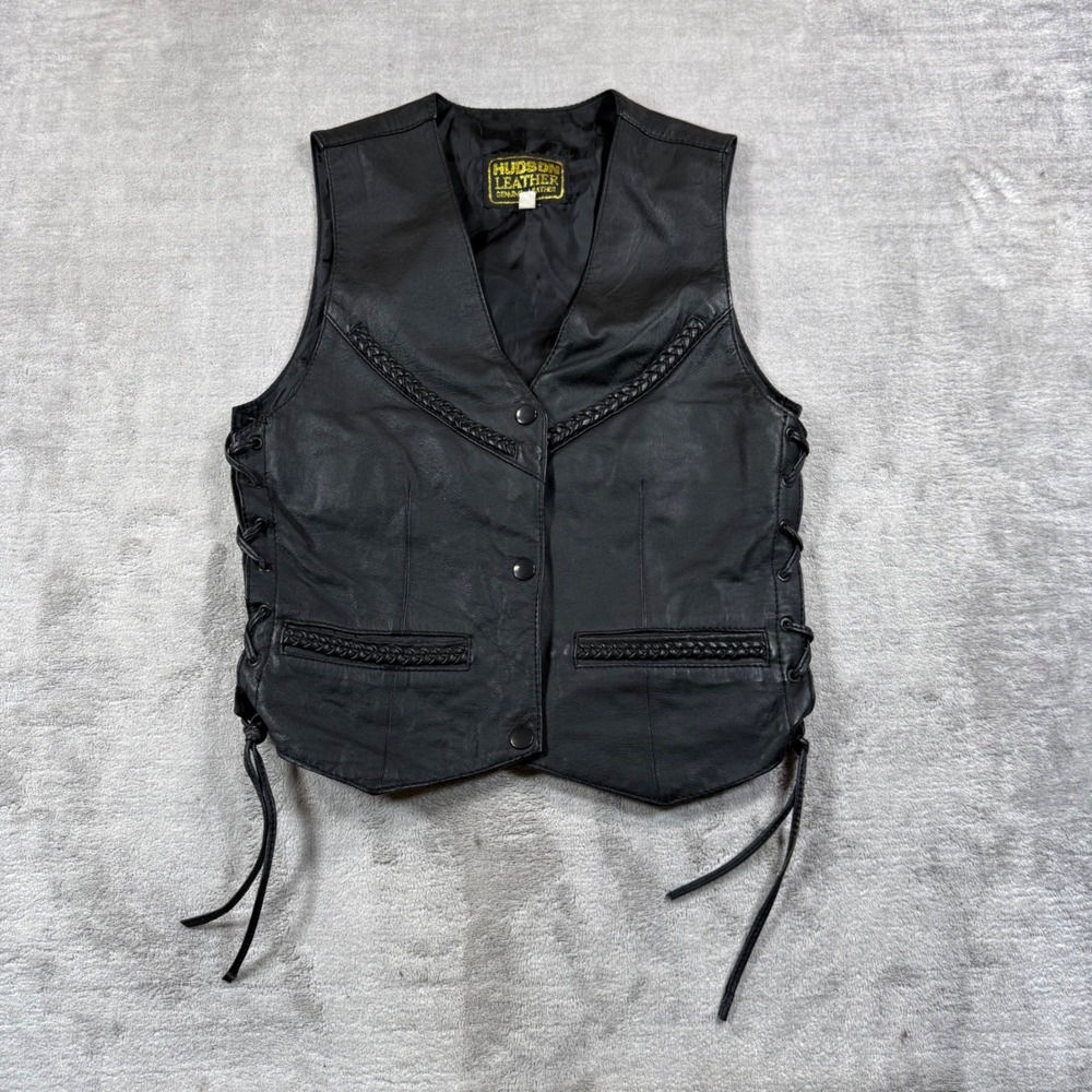 Hudson Leather Vest Women XS Black Biker Braided Trim Lace Up Sides Moto Grunge
